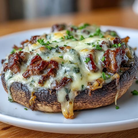 Savory ribeye steak, sautéed peppers, and gooey provolone fill roasted portobello caps in this low-carb Philly cheesesteak twist.