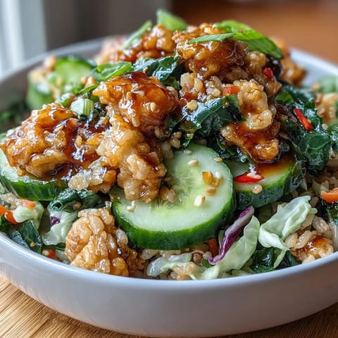 Vibrant Asian-inspired crispy rice salad with crunchy cabbage, cucumber, and bell pepper, drizzled with creamy peanut sesame dressing.  