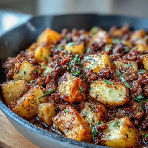 Hearty skillet meal of ground beef and golden potatoes simmered in savory tomato sauce.  