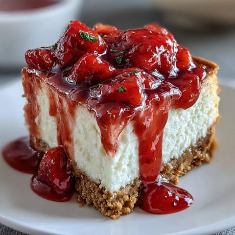 High Protein Healthy Strawberry Cheesecake Bites topped with vibrant strawberry sauce and served on a white plate.  