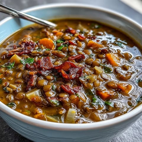 Hearty ham bone and lentil soup with root vegetables simmering in a rich broth, topped with fresh parsley and ready to serve.  