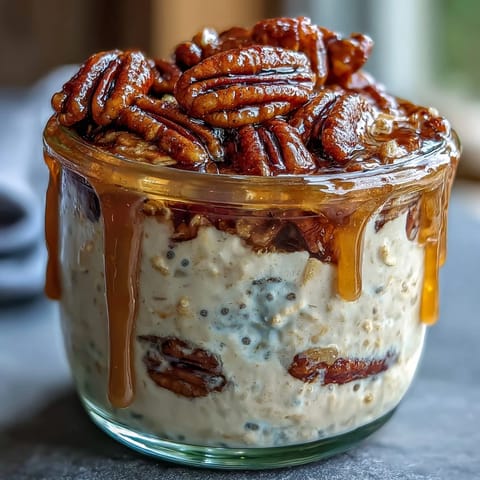 Creamy overnight oats with candied pecans and a drizzle of pure maple syrup for a satisfying breakfast.
