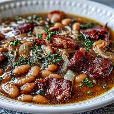 A steaming bowl of hearty ham and navy bean soup with fresh thyme, filled with tender beans and savory ham chunks.