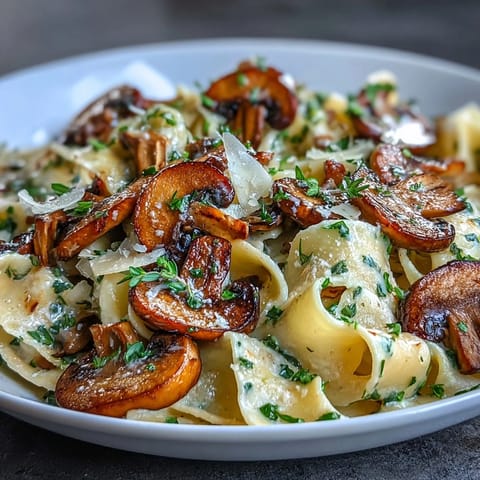 Velvety one-pot mushroom pasta with garlic, thyme, and white wine, topped with freshly grated Parmesan for a comforting vegetarian dinner.  