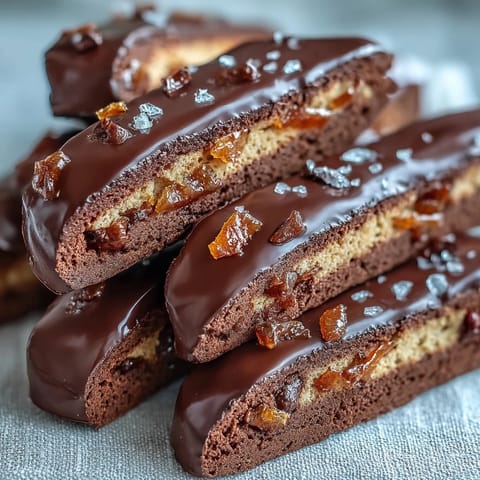 Crunchy biscotti with candied orange peel and dark chocolate chunks, ideal for coffee or tea dipping.  