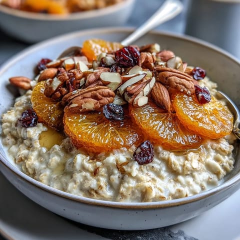 A comforting bowl of candied orange oatmeal with tart cranberries and crunchy toasted almonds, drizzled with honey for extra sweetness.  