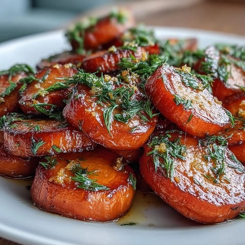 Orange honey glazed carrots with fresh dill, tender and glossy in a citrusy sweet sauce.  