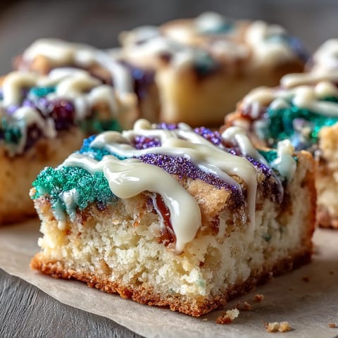 Festive King Cake Sugar Cookie Bars with colorful purple, green, and gold sprinkles on creamy icing, perfect for Mardi Gras parties.