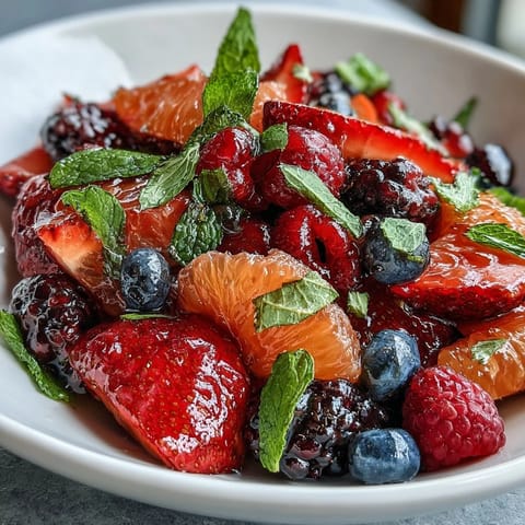 Refreshing Citrus and Berry Spring Fruit Salad with Mint: juicy orange and grapefruit segments paired with ripe berries, sweetened and mint-finished.  