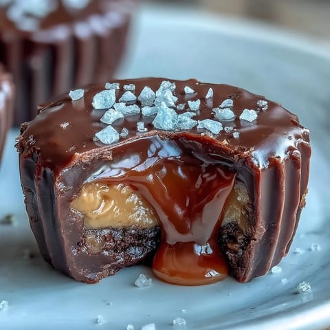 Decadent homemade peanut butter cups with gooey salted caramel center and flaky sea salt topping.  