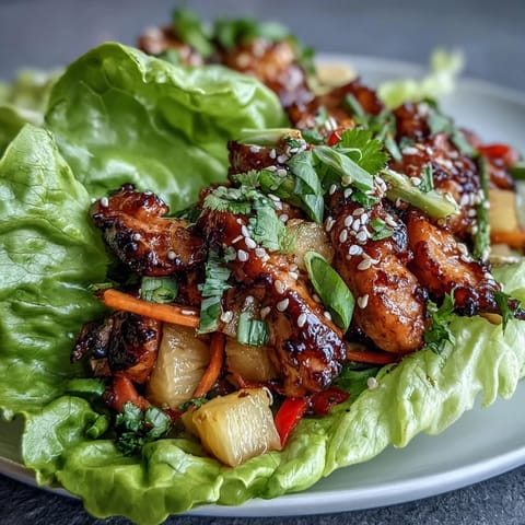 Fresh teriyaki chicken pineapple lettuce wraps with juicy glazed chicken, sweet pineapple chunks, and crisp vegetables in butter lettuce leaves.