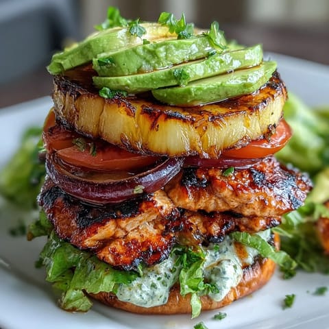 Grilled chicken pineapple burger stacks with juicy chicken, caramelized pineapple, and fresh vegetables, served open-faced on crisp lettuce leaves.  