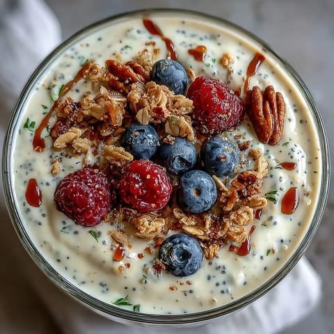 A healthy breakfast or dessert, this vanilla bean chia pudding features tangy yogurt, chia seeds, and a hint of maple sweetness.  