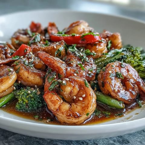 Colorful shrimp stir-fry featuring juicy shrimp, fresh vegetables, and aromatic sesame-ginger sauce, perfect for a quick healthy dinner.  