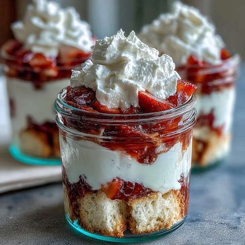 Strawberry shortcake trifle in mason jars, featuring layers of tender shortcake cubes, fresh macerated strawberries, and fluffy whipped cream.