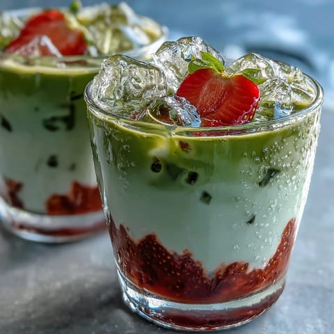 Iced strawberry matcha latte in tall glass with vibrant red strawberry puree at the bottom and green matcha on top, garnished with fresh strawberry slices.