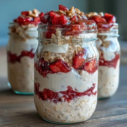 Layered strawberry and vanilla protein oats with chia seeds, ideal for meal prep and busy mornings.  