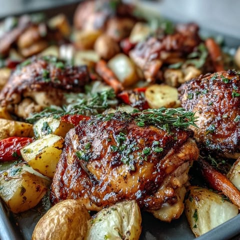Sheet Pan Chicken with Roasted Vegetables - golden chicken thighs and colorful vegetables roasted together for a flavorful, easy dinner.