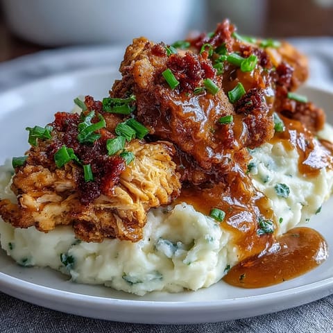 Slow Cooker Mississippi Chicken with Garlic Mashed Potatoes, a creamy and savory comfort dish.