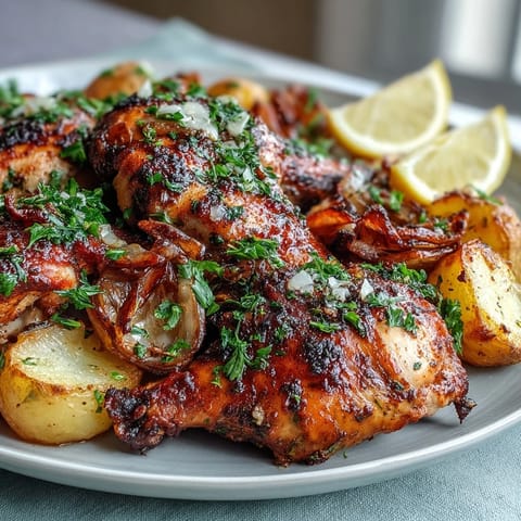 Golden roasted chicken with crispy skin, surrounded by tender lemon-herb potatoes, fresh parsley, and lemon slices for a vibrant spring dinner centerpiece.