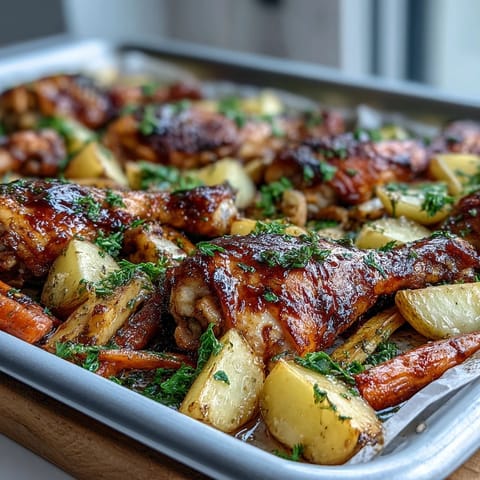 Juicy roasted chicken thighs with golden potatoes and carrots on a sheet pan, a simple and satisfying dinner for busy weeknights.
