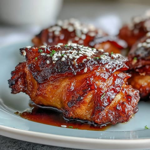 Honey Garlic Baked Chicken Thighs with crispy skin and glossy glaze, perfect for a family dinner.
