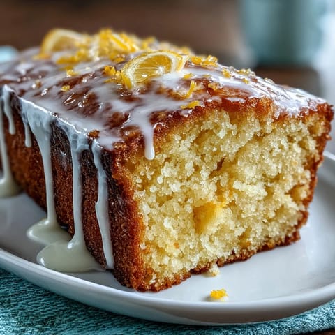 A golden lemon drizzle loaf cake with tangy glaze, served on a white plate beside fresh lemon slices and mint leaves.