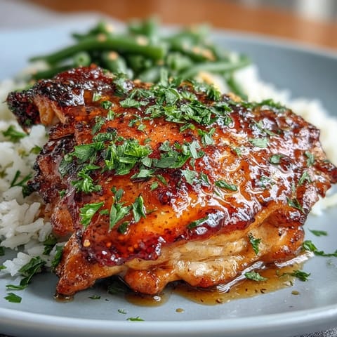 Juicy honey mustard chicken glazed in tangy sauce, served with crisp green beans for a fresh spring dinner.  
