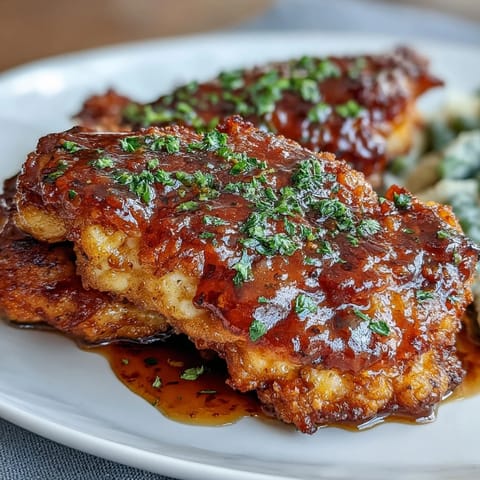Golden chicken breasts coated in honey mustard sauce, paired with vibrant green beans for a bright, flavorful meal.  