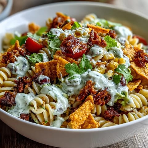 Colorful taco pasta salad with Doritos and avocado ranch, bursting with fresh veggies and crunchy chips.  
