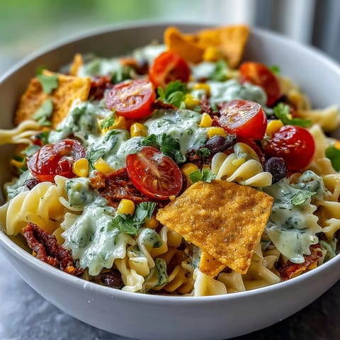 Creamy avocado ranch coats taco pasta salad with Doritos, blending zesty flavors and satisfying crunch.  