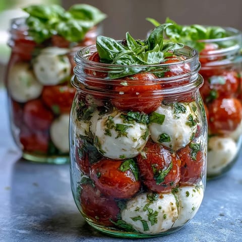 Mason Jar Caprese Salad with vibrant cherry tomatoes, creamy mozzarella, and fresh basil, drizzled with balsamic dressing.