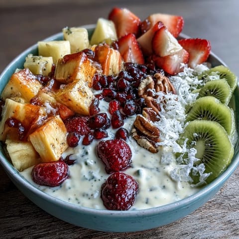 Rainbow Fruit Table with Coconut Whipped Cream: A vibrant, colorful spread of fresh fruits arranged in rainbow layers, served with creamy coconut whipped cream for a healthy, vegan-friendly dessert.