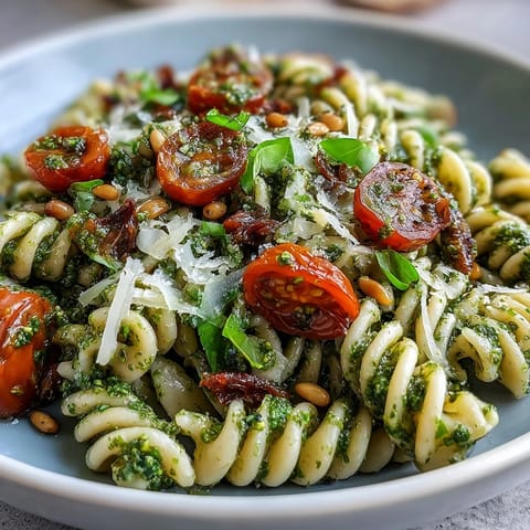 Colorful bowl of al dente pasta tossed in basil pesto, cherry tomatoes, and arugula for a fresh, flavorful dish.  
