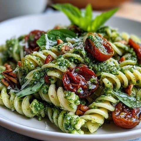 A vibrant summer pasta salad with pesto and cherry tomatoes, garnished with parmesan and lemon zest.  