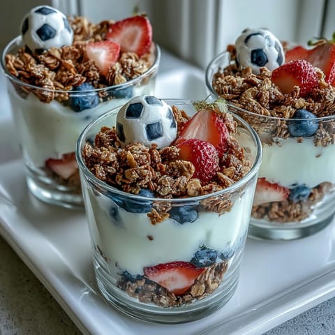 Nutritious soccer team snack cups filled with fresh fruit, creamy yogurt, and crunchy granola, topped with soccer ball toppers.