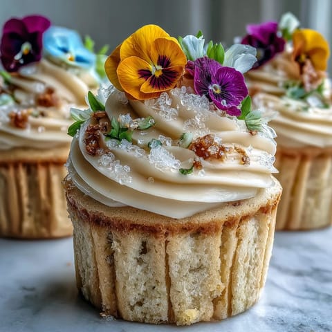Delicate vanilla cupcakes topped with buttercream frosting and vibrant edible spring flowers for a fresh, seasonal dessert.  