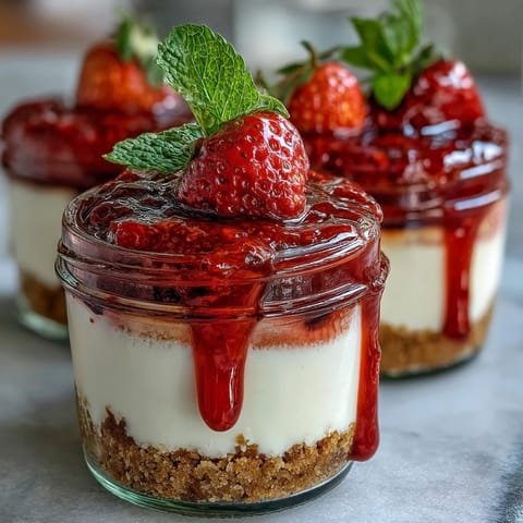 No-Bake Strawberry Cheesecake Jars with a buttery graham cracker base and fresh strawberry compote.