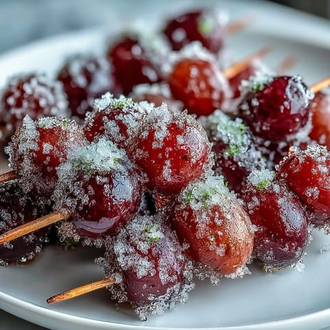 Frozen grape skewers with lime sugar on a white platter, juicy grapes glistening and coated in zesty lime sugar, perfect for a refreshing summer snack.