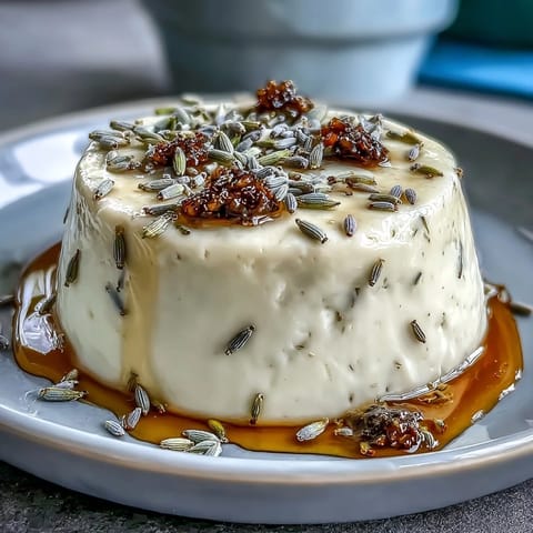 Silky honey lavender panna cotta with a delicate floral aroma, drizzled with golden honey and garnished with fresh berries.