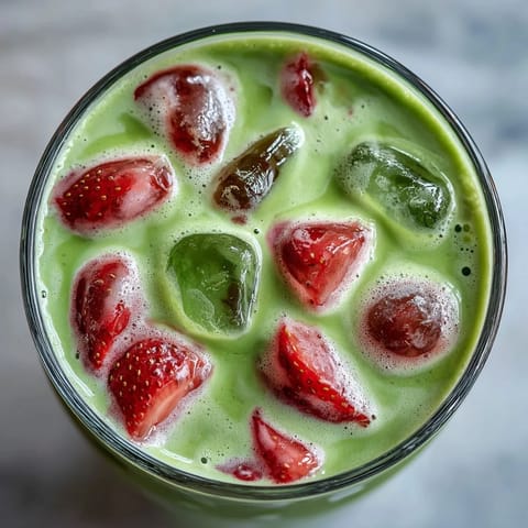A vibrant layered strawberry matcha latte with oat milk, featuring fresh strawberry puree, earthy green tea, and creamy dairy-free milk.