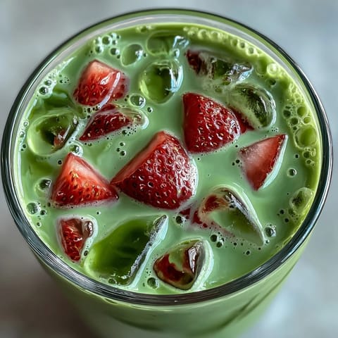 A refreshing vegan strawberry matcha latte with oat milk, showcasing bright red strawberry layers and smooth green tea for a summer drink.