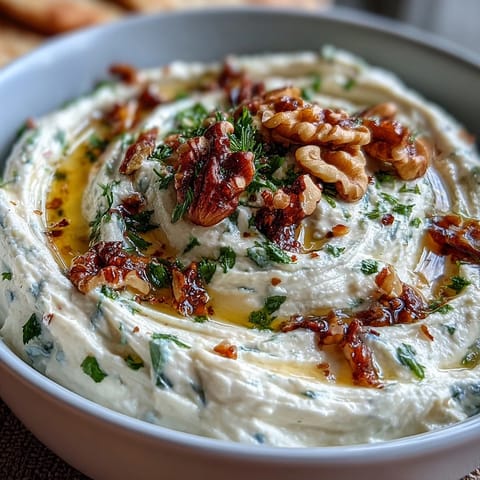 Creamy whipped feta dip with golden honey drizzle, crunchy walnuts, and fresh herbs served with warm pita bread.  