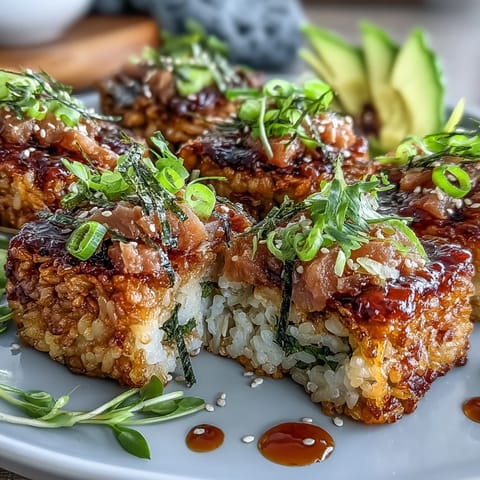 Crispy golden rice squares topped with creamy, spicy tuna—perfect for sushi lovers craving bold flavor and crunch.