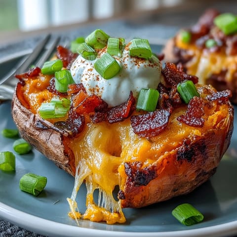 Loaded sweet potato skins with crispy bacon, melted cheddar, and creamy sour cream topping, perfect for game day snacking.  