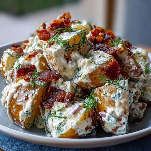 Generous Memorial Day Potato Salad with Dill and Bacon, showing crispy bits.