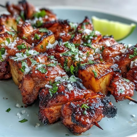 Grilled Chicken Al Pastor Skewers showcasing smoky chicken and charred pineapple goodness.