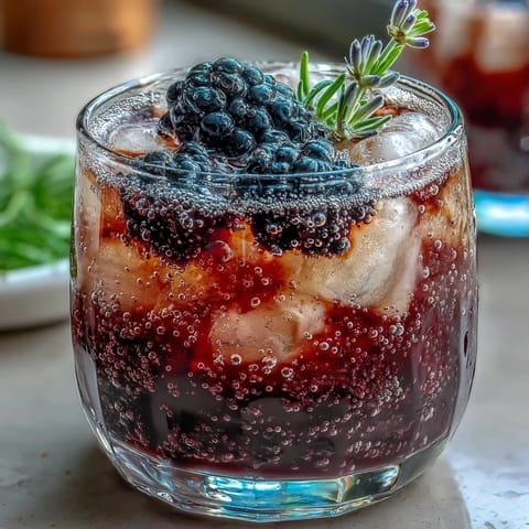 Vibrant blackberry lavender lemonade fizz with fresh berries and lemon sparkles.