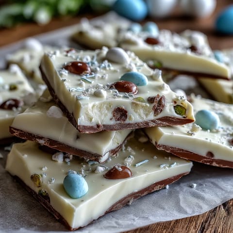 Festive white chocolate Easter bark with pastel eggs and crunchy pistachios, perfect for springtime celebrations.  