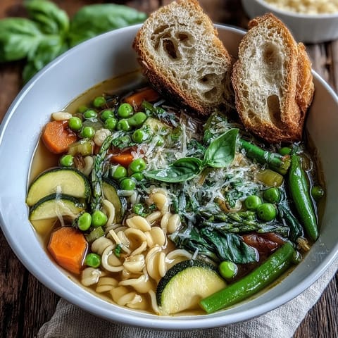 A colorful bowl of Spring Minestrone soup filled with fresh vegetables and tender pasta, garnished with Parmesan and basil.